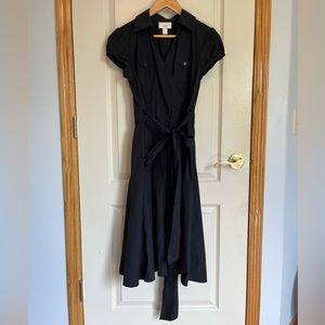 Ann Taylor LOFT Formal Black Wrap Collar Tie Front Maxi Dress Short Sleeve 6